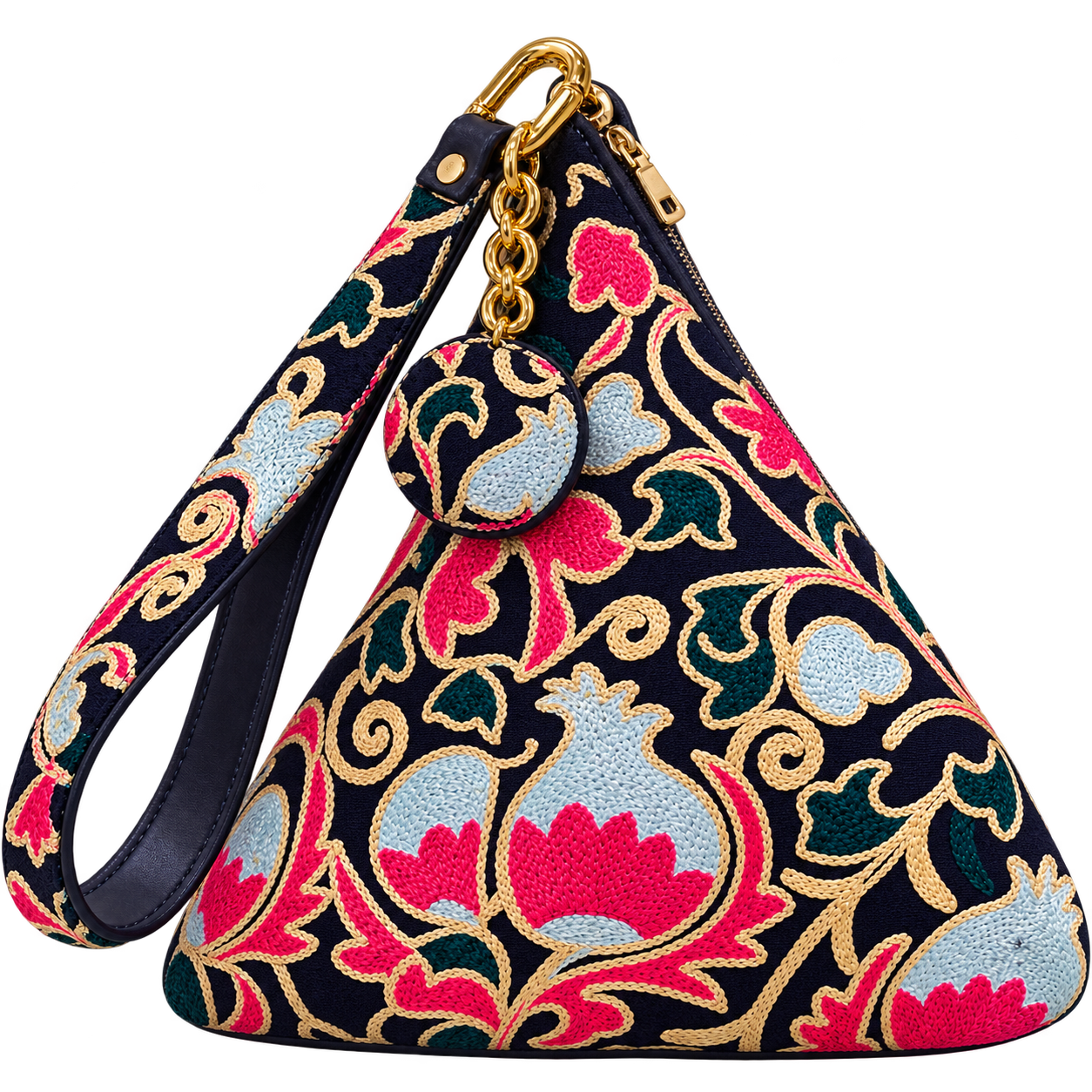 Embroidered Silk Triangle Bags — navy triangular pouch, back view
