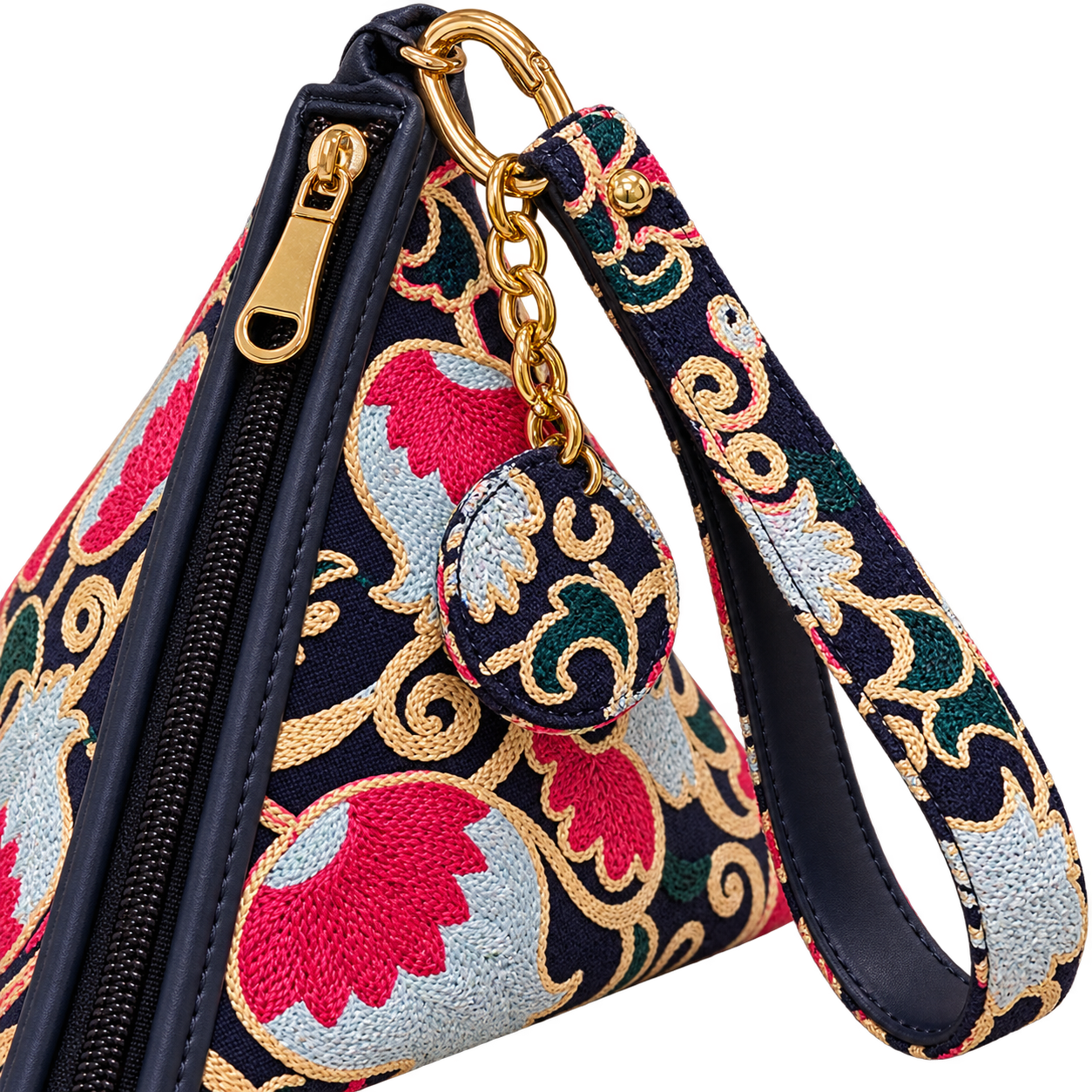 Embroidered Silk Triangle Bags — embroidery and hardware close-up
