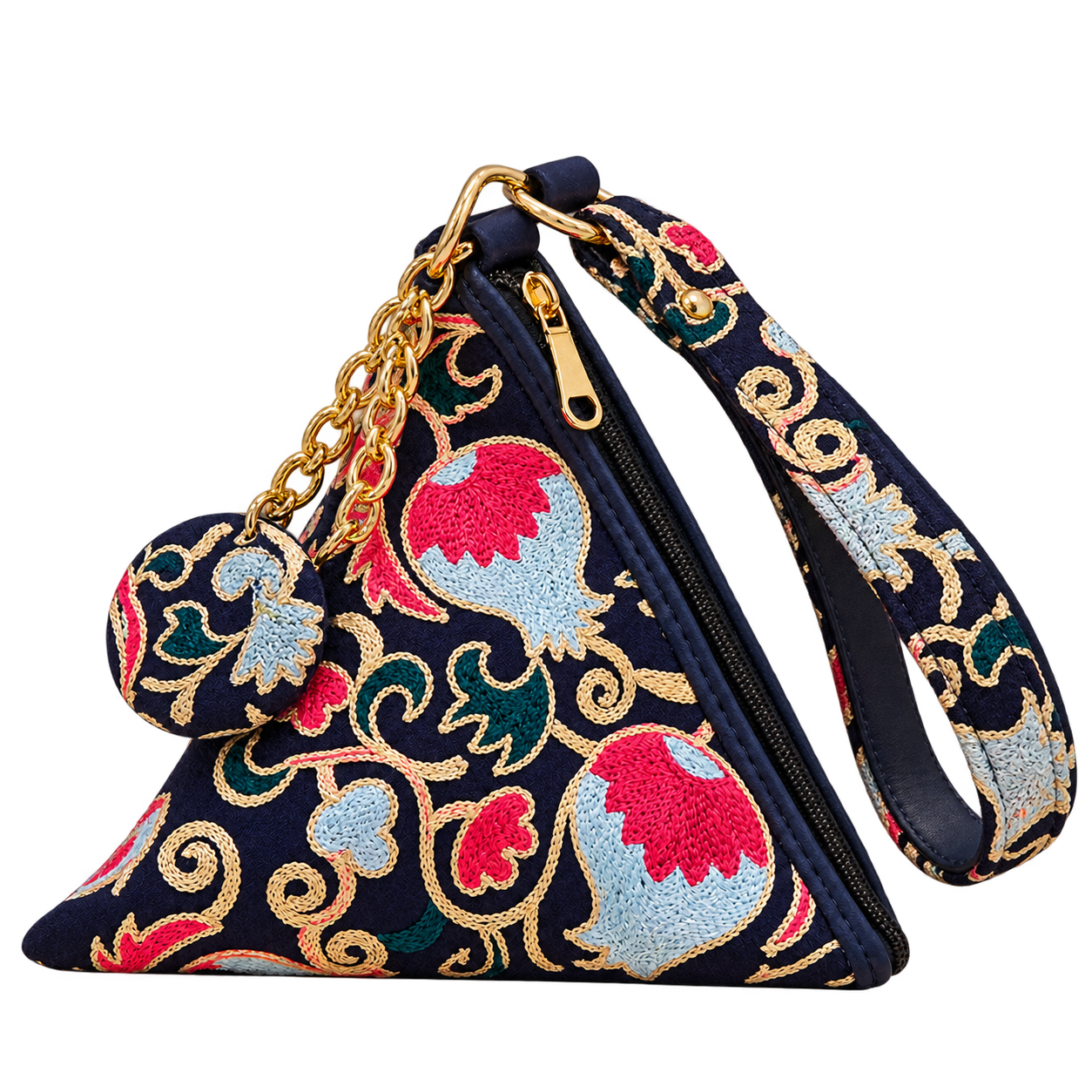Embroidered Silk Triangle Bags — navy triangular pouch, front view