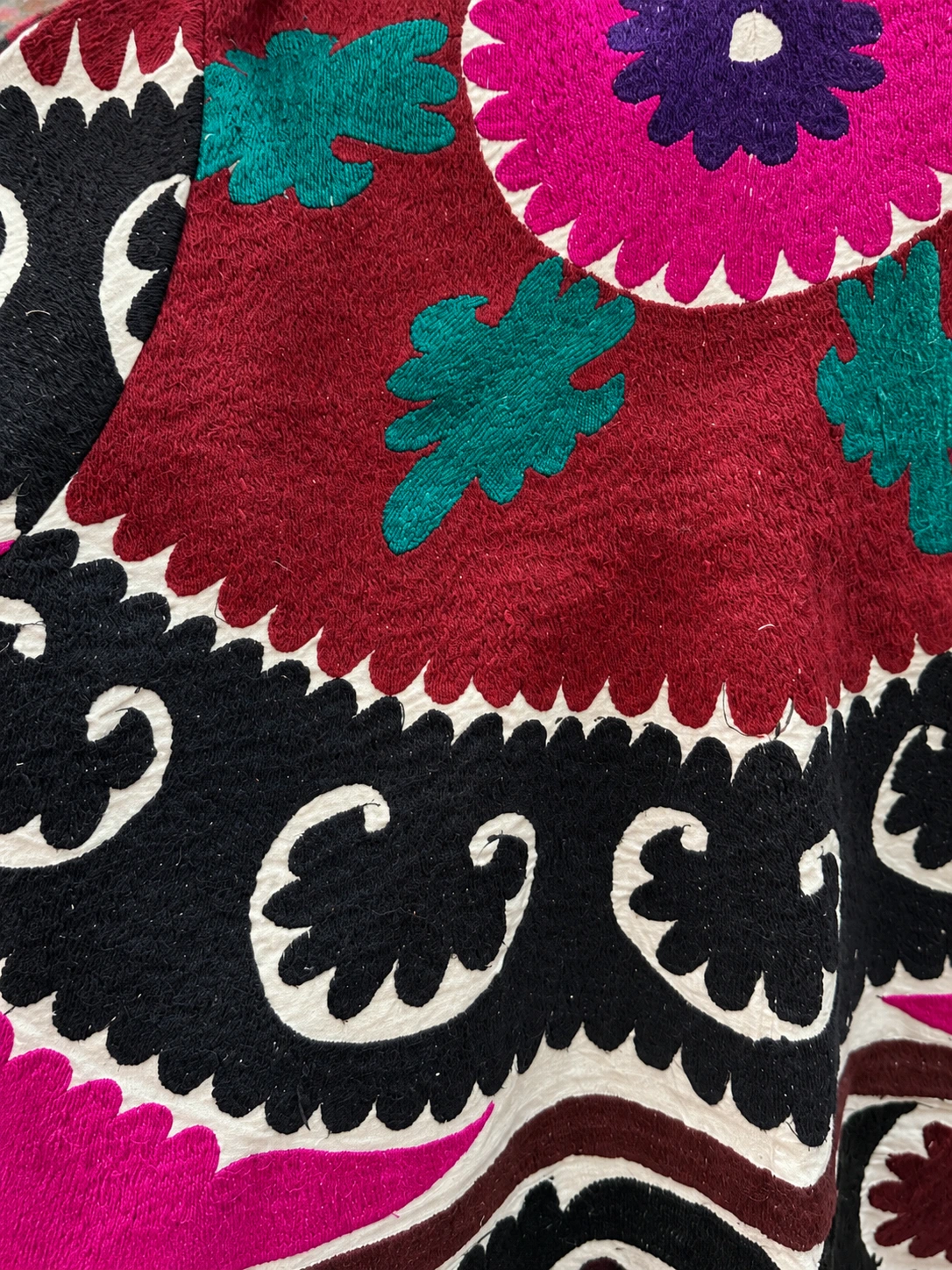 Cotton Jacket — fabric and embroidery detail, lighting-adjusted from a source photograph
