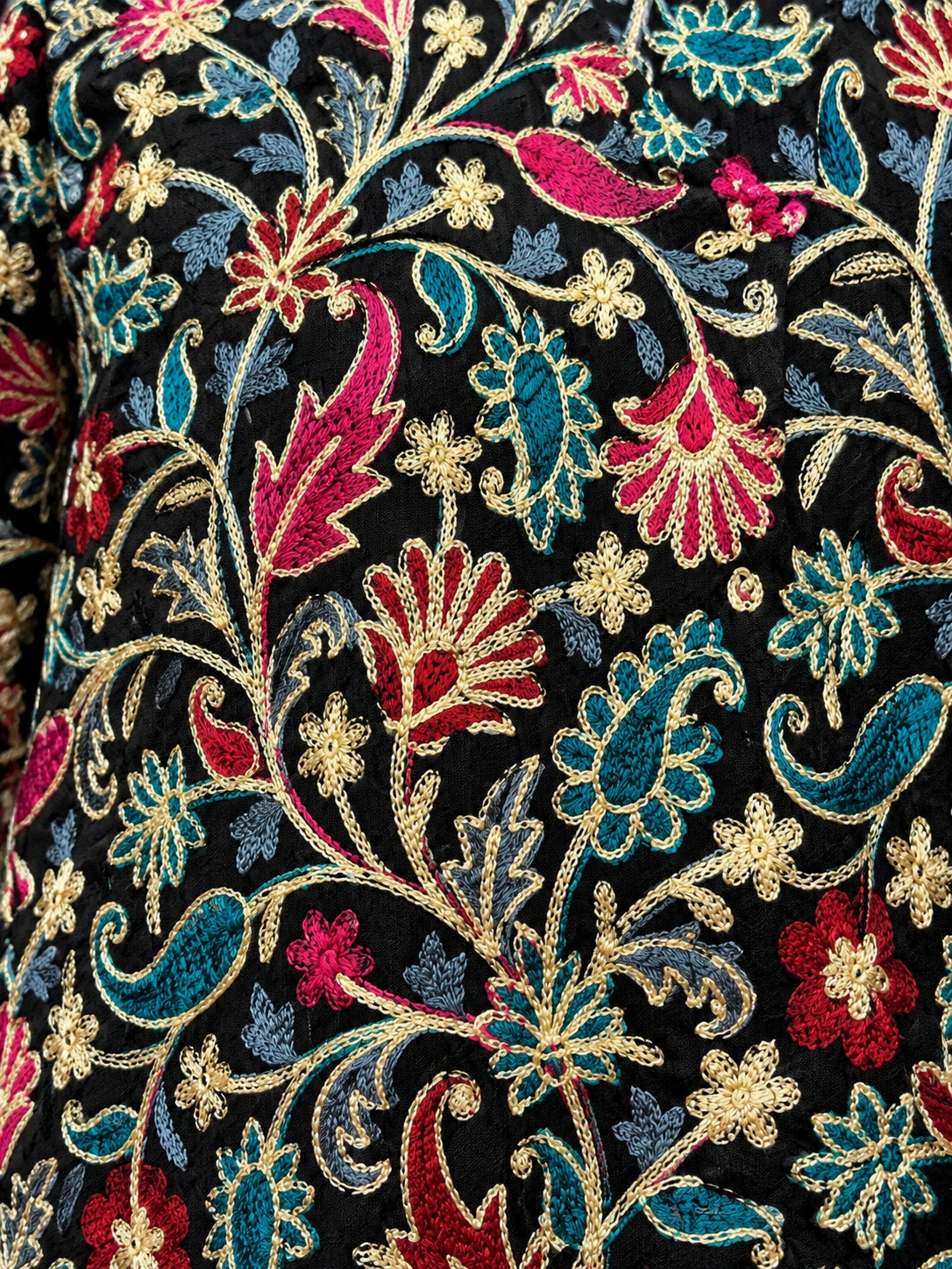 Silk Jacket — fabric and embroidery detail, lighting-adjusted from a source photograph