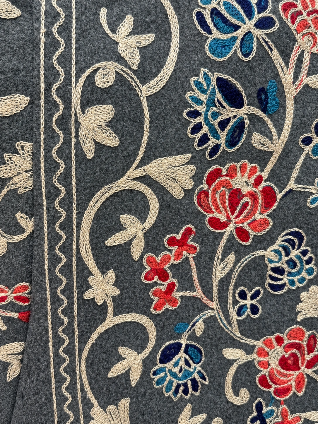 Cashmere Jacket — fabric and embroidery detail, lighting-adjusted from a source photograph
