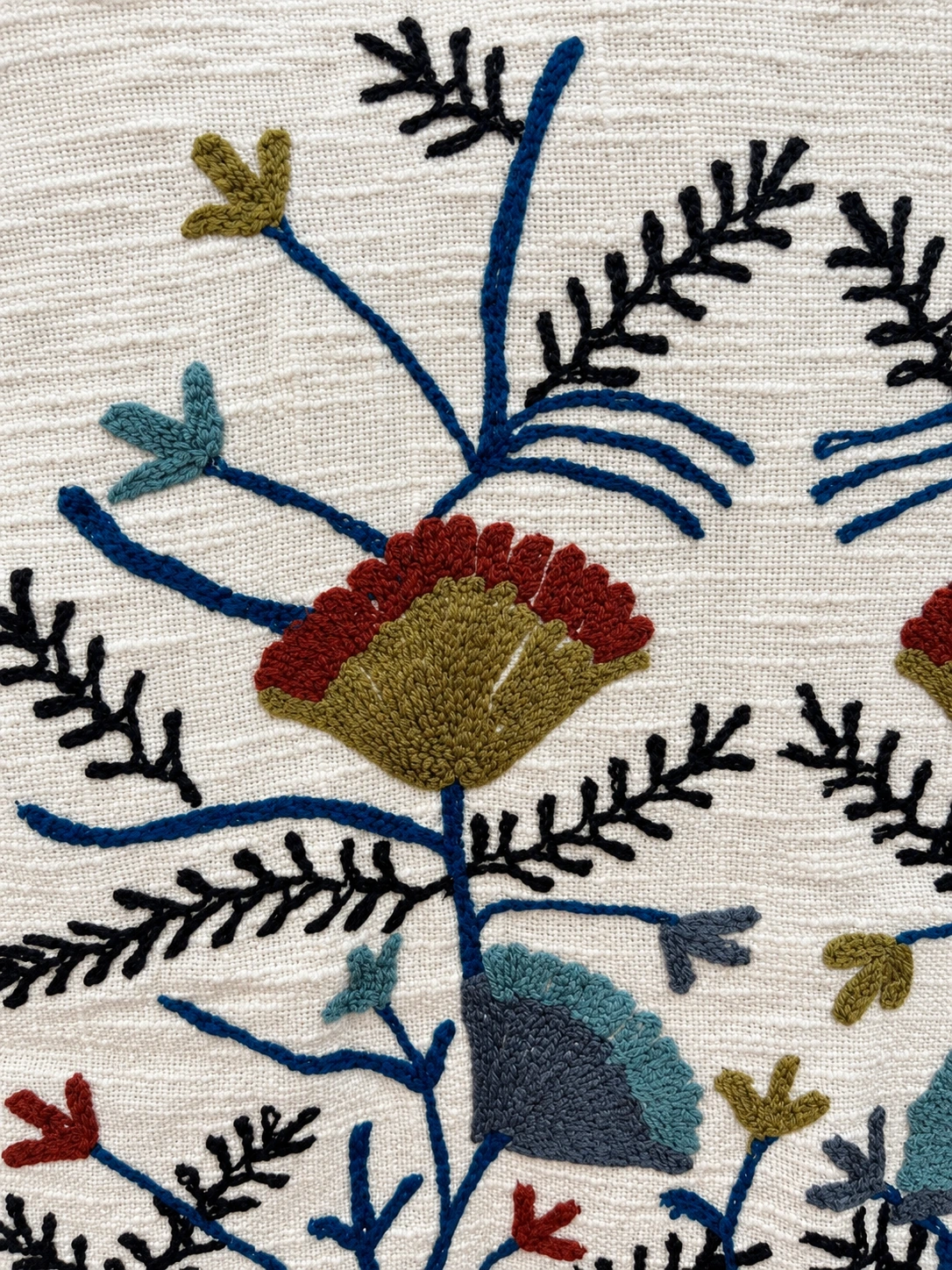 Linen Jacket — fabric and embroidery detail, lighting-adjusted from a source photograph