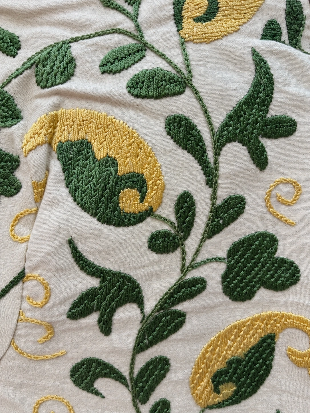 Suzani Kaftan — fabric and embroidery detail, lighting-adjusted from a source photograph