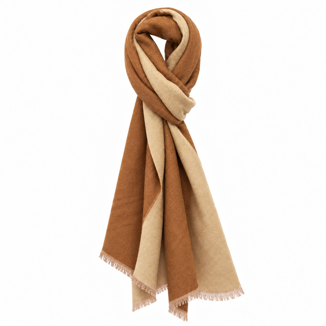 Camel and beige reversible cashmere shawl — general view