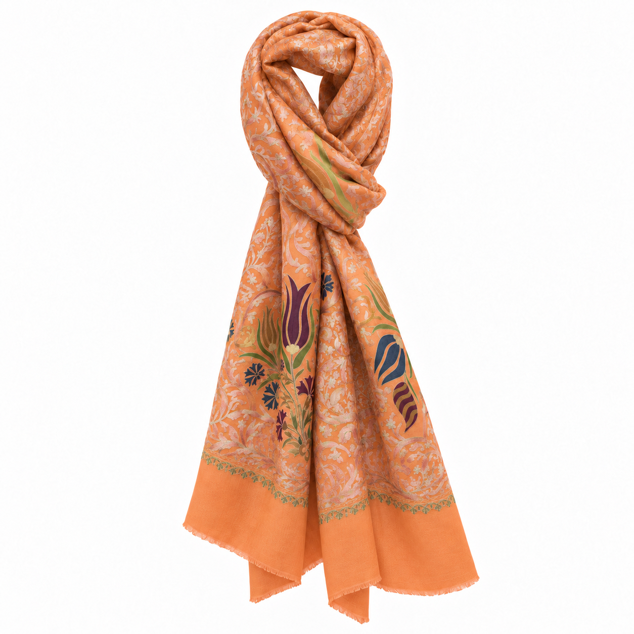 Orange silk-embroidered cashmere shawl — general view