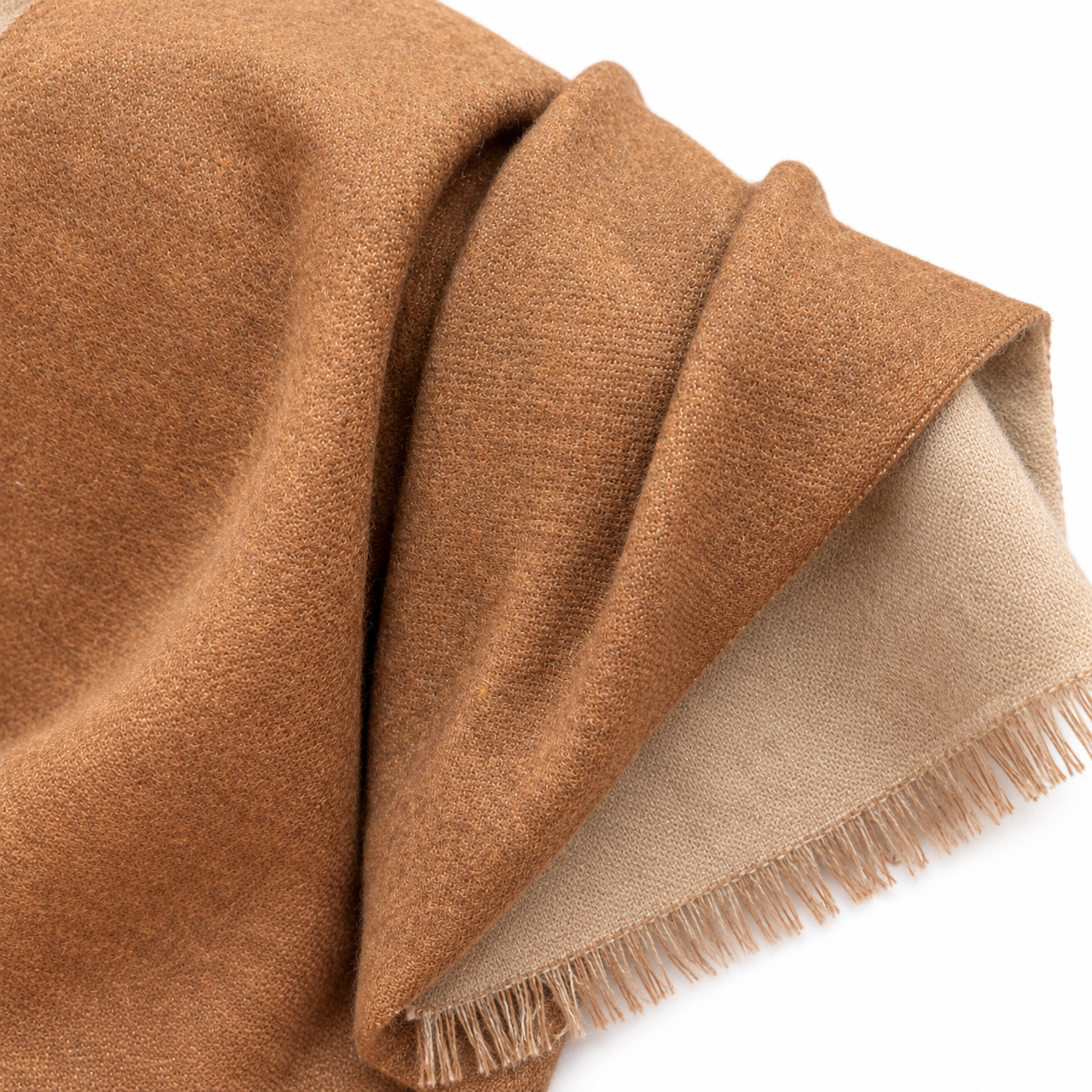 Camel and beige reversible cashmere shawl — textile close-up