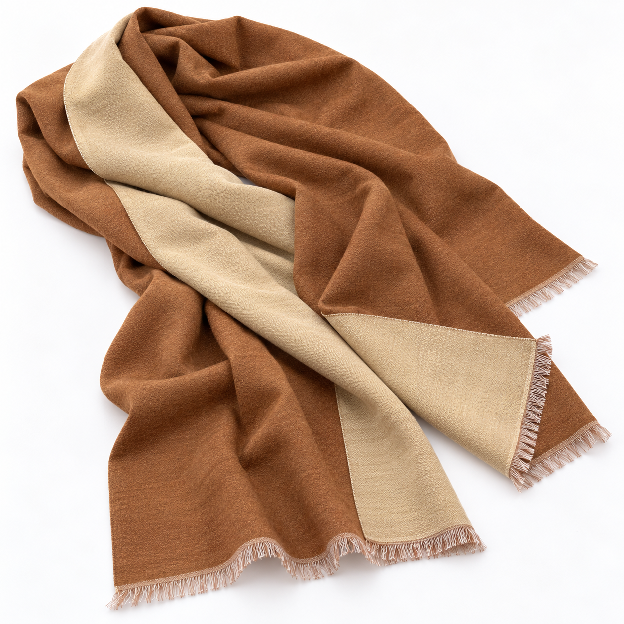 Camel and beige reversible cashmere shawl — natural drape