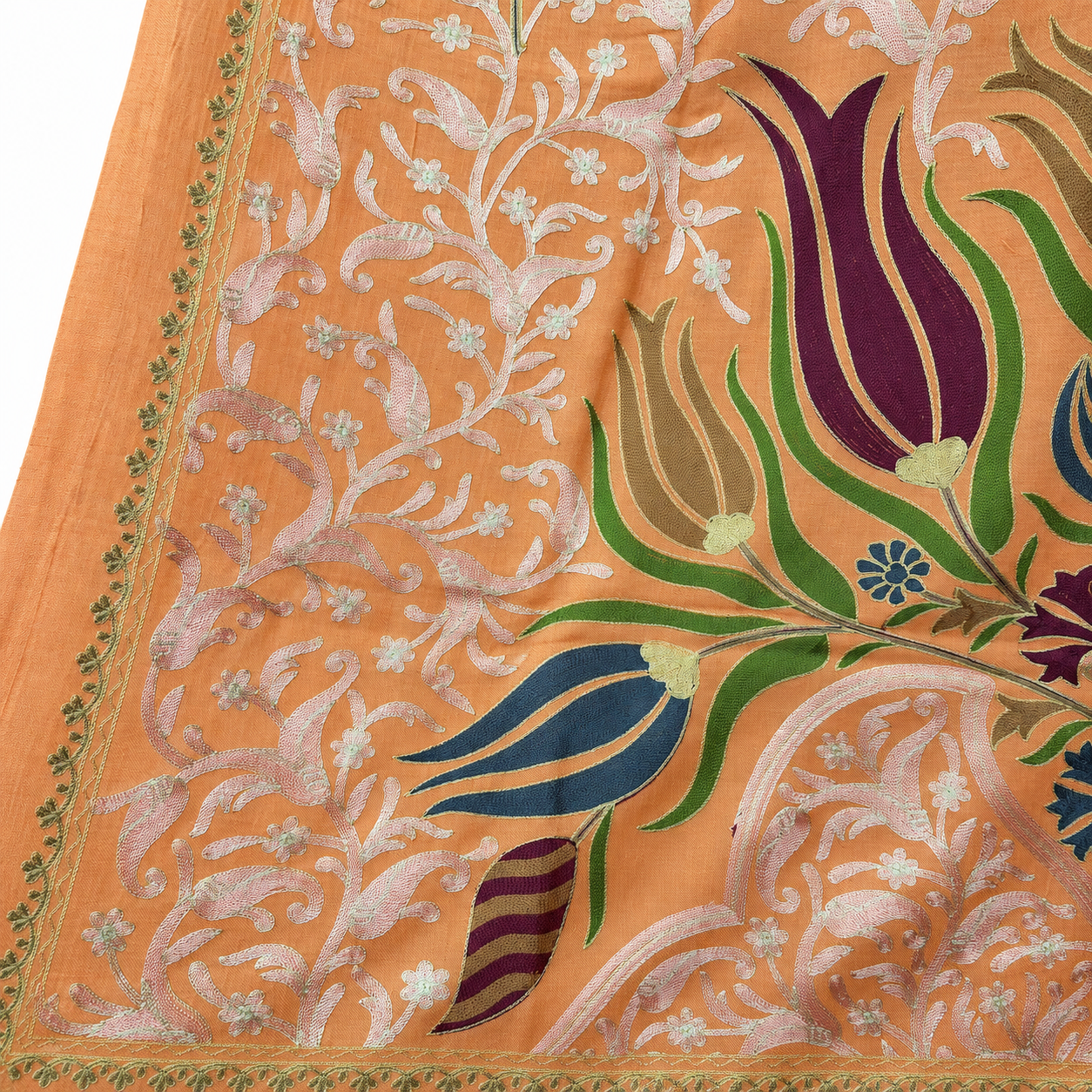 Orange silk-embroidered cashmere shawl — textile close-up