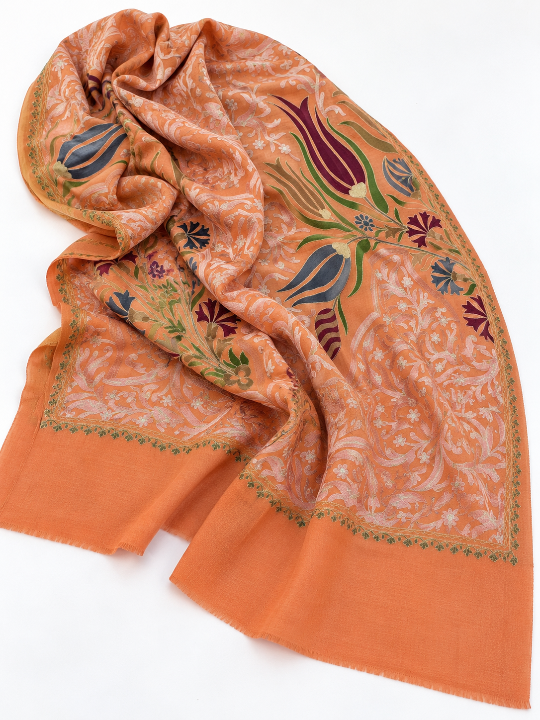 Orange silk-embroidered cashmere shawl — natural drape