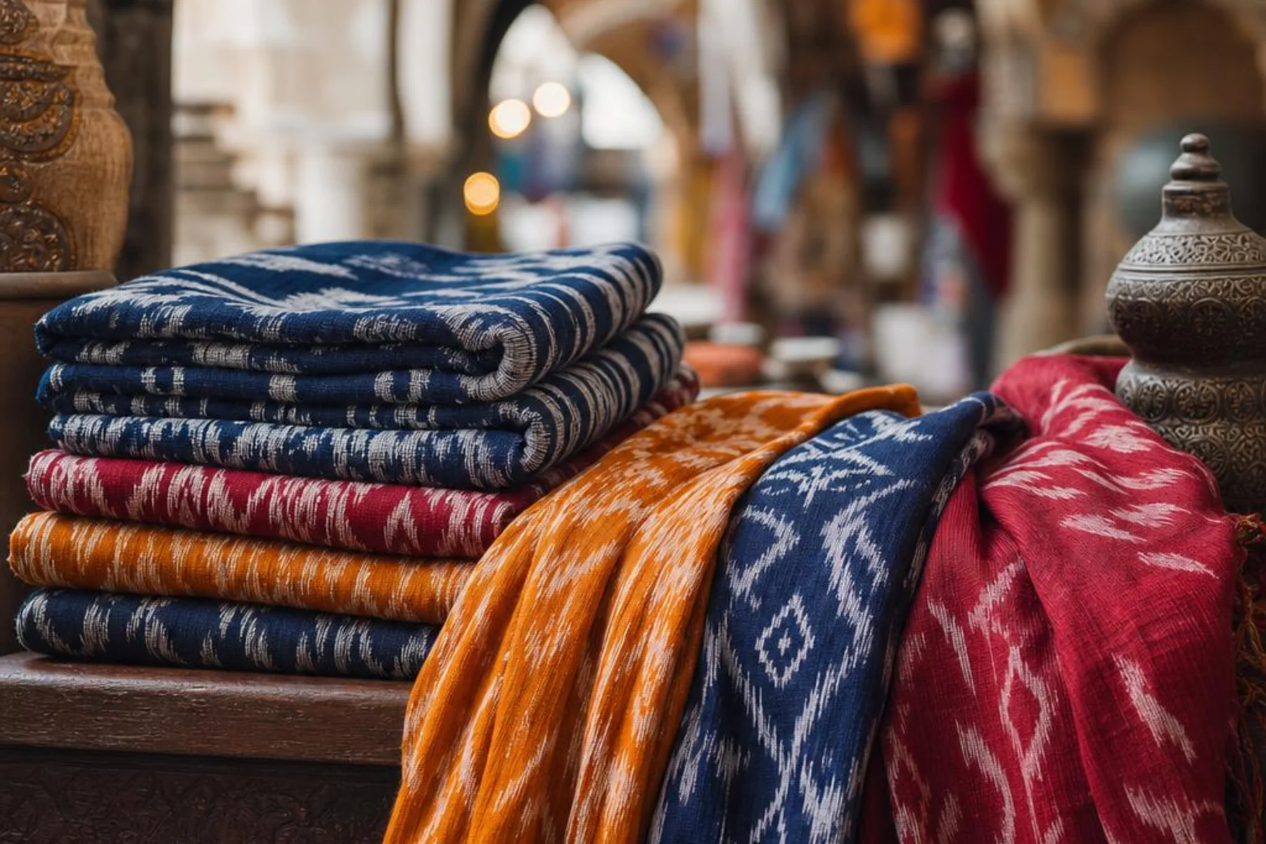 Folded Ikat and Suzani textiles in jewel tones — Gülipek Hamit Fırat Grand Bazaar Istanbul