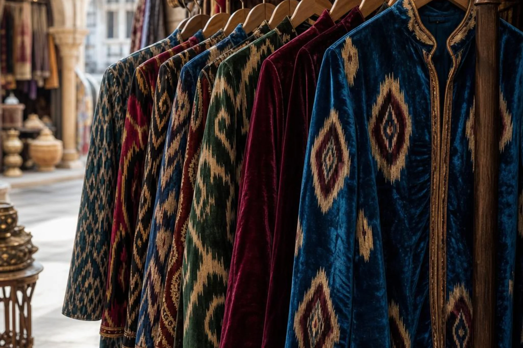 Handcrafted Ikat and velvet jackets displayed in a Grand Bazaar boutique — Gülipek Hamit Fırat Istanbul